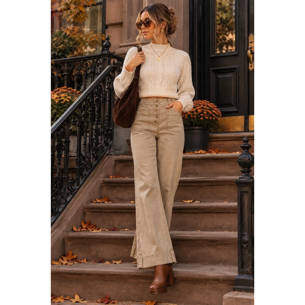 Maeve Anthropologie Linen Blend High Rise Wide Leg Pants Beige Button Fly Size 4